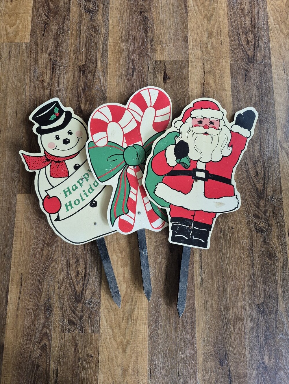 Vintage Holiday Yard Stakes - Santa, Snowman & Candy Cane